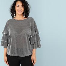 Shein Plus Pearl Beaded Tiered Ruffle Sleeve Glitter Top
