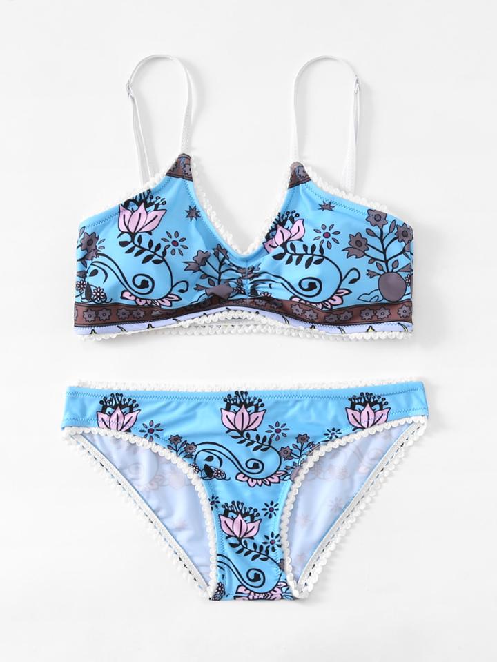 Shein Crochet Hem Flower Print Bikini Set