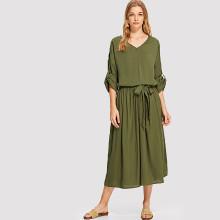 Shein Drop Shoulder Roll Tab Sleeve Solid Dress