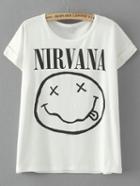 Shein Smile Print Cuffed White T-shirt