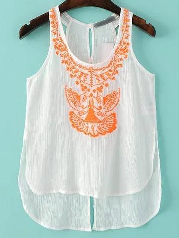 Shein Orange Embroidery Dipped Hem Tank Top