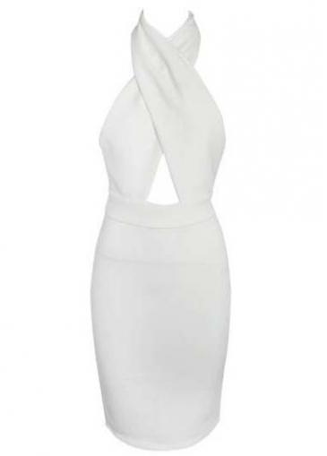 Rosewe Fabulous White Halter Design Cutout Pattern Knee Length Dress