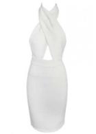 Rosewe Fabulous White Halter Design Cutout Pattern Knee Length Dress
