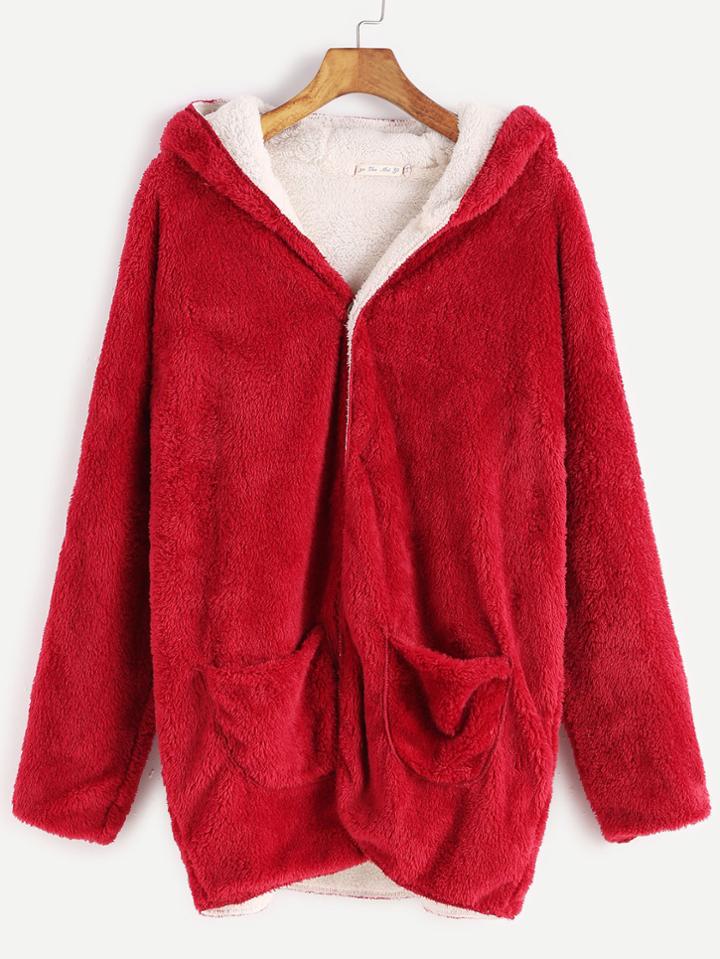 Shein Red Hooded Fuzzy Coat With Pockets