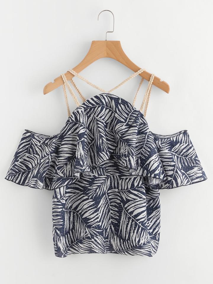 Shein Frill Layered Weave Straps Leaf Print Top