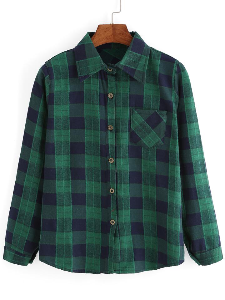 Shein Green Lapel Plaid Pocket Loose Blouse