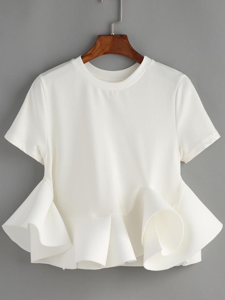 Shein White Crew Neck Ruffle Crop Blouse