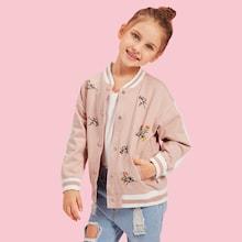 Shein Toddler Girls Floral Embroidered Contrast Striped Trim Jacket