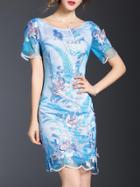 Shein Blue Gauze Embroidered Applique Sheath Dress