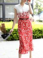 Shein Red White V Neck Cap Sleeve Drawstring Print Dress