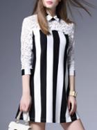 Shein White Color Block Black Striped Lapel Lace Dress