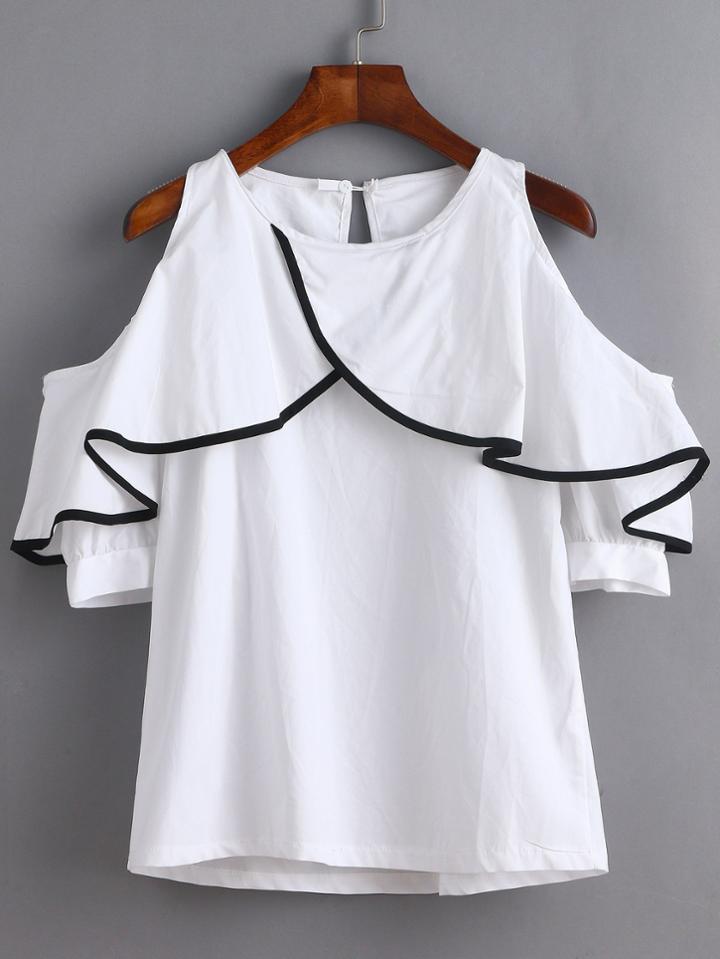 Shein White Open Shoulder Contrast Trim Ruffle Top
