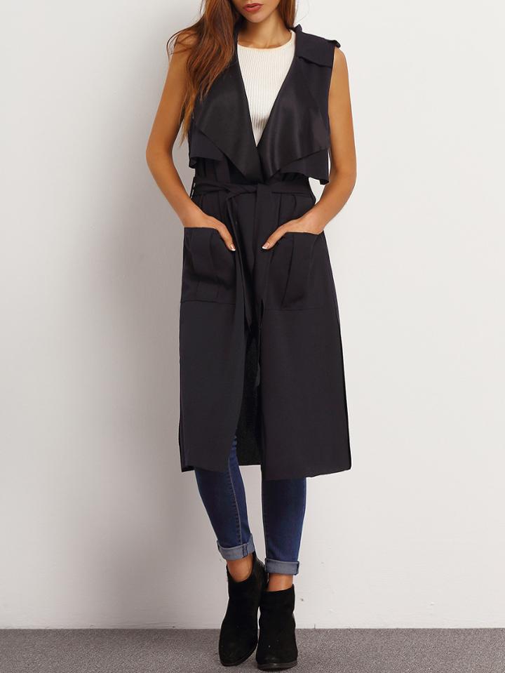 Shein Black Shawl Collar Wrap Long Vest