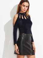Shein Navy Open Shoulder Cut Out Front Velvet T-shirt