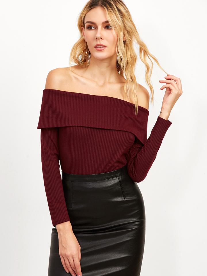 Shein Burgundy Foldover Off The Shoulder Ribbed T-shirt