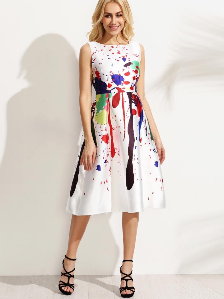 Shein White Paint Splatter Print Fit And Flare Dress