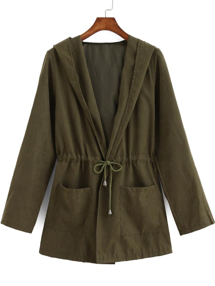 Shein Green Hooded Drawstring Waist Pockets Coat