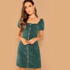 Shein Puff Sleeve Button Up Corduroy Dress