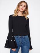 Shein Pearl Beading Exaggerate Bell Sleeve Ribbed Tee