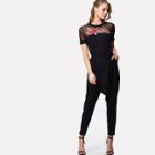 Shein Mesh Yoke Rose Patched Solid Jumpsuit