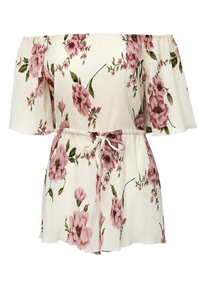 Shein Red And White Off The Shoulder Floral Jumpsuit
