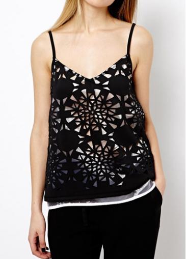 Rosewe Spaghetti Strap Black Pierced V Neck Top