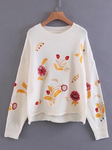 Shein Embroidery Design Rolled Hem Knitwear