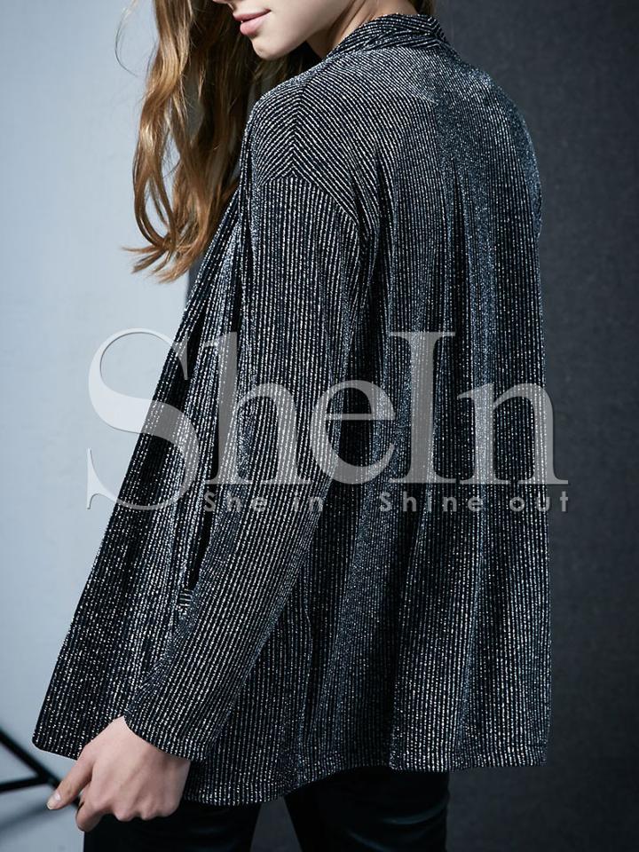 Shein Black Gliter Ribbed Pockets Coat