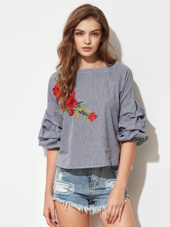 Shein 3d Rose Patch Gathered Raglan Sleeve Gingham Blouse