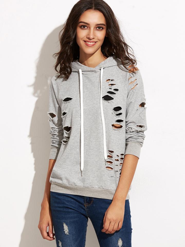 Shein Heather Grey Raglan Sleeve Ripped Hooded Sweatshirt