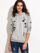 Shein Heather Grey Raglan Sleeve Ripped Hooded Sweatshirt
