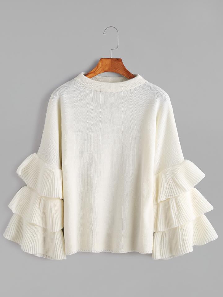 Shein White Layered Ruffle Sleeve Pullover Sweater