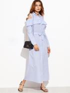 Shein Blue Vertical Striped Open Shoulder Ruffle Shirt Dress