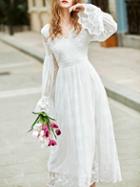 Shein White V Neck Bell Sleeve Embroidered Dress