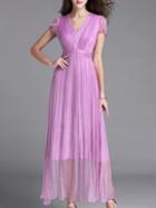 Shein Purple V Neck Pleated Maxi Dress