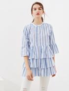 Shein Contrast Striped Flute Sleeve Tiered Frill Hem Blouse