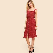 Shein Ruffle Strap & Hem Button Up Dress