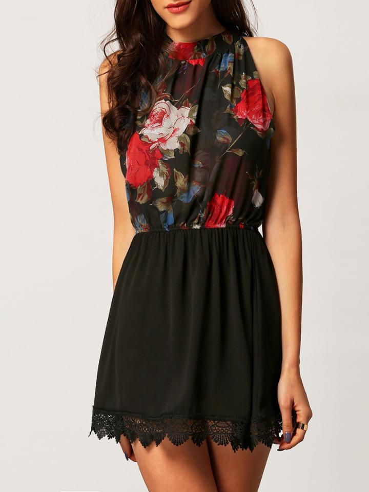 Shein Black Mock Neck Florals Crochet Chiffon Dress