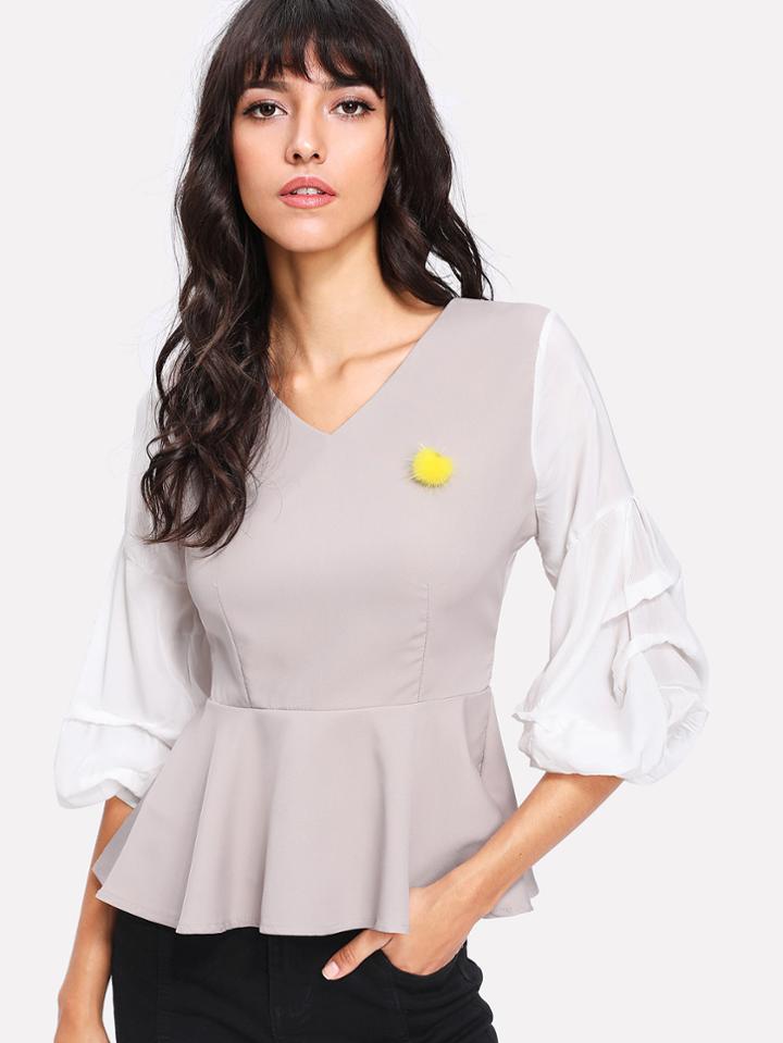 Shein Lantern Sleeve Ruffle Hem Blouse