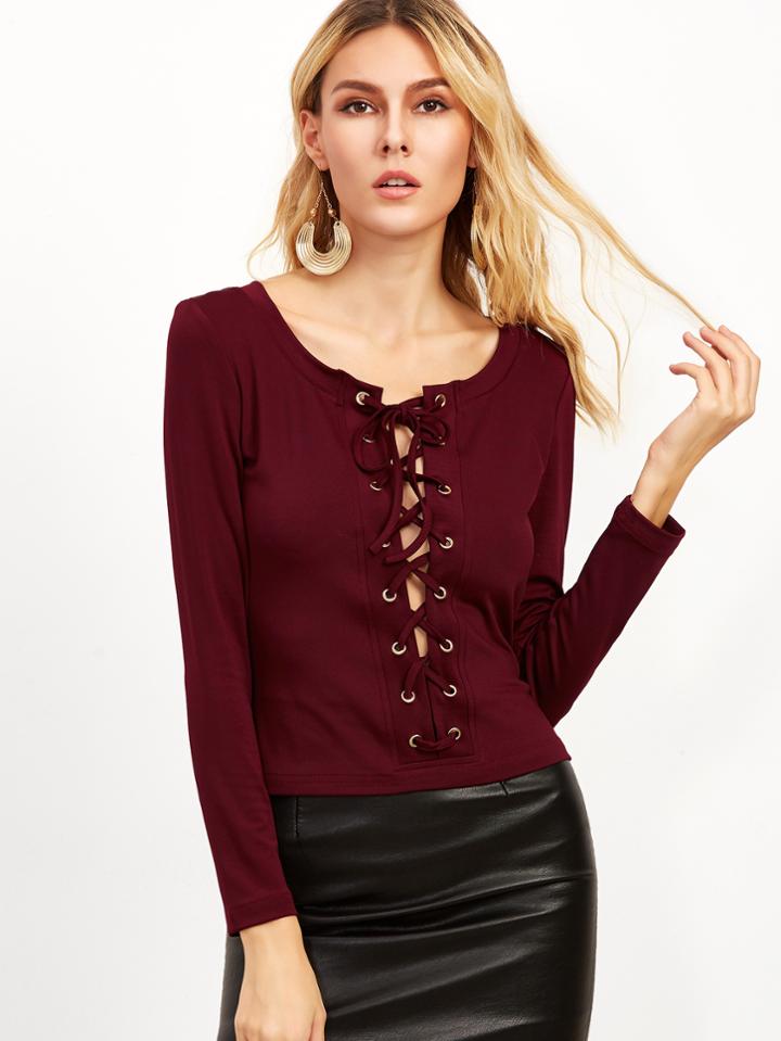 Shein Burgundy Lace Up Scoop Neck Long Sleeve T-shirt