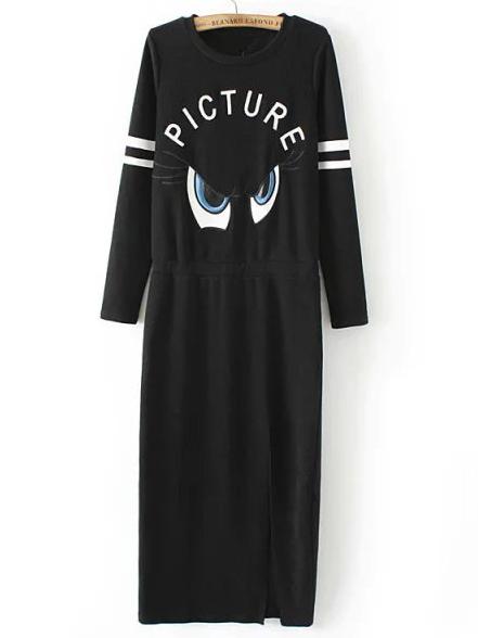 Shein Black Crew Neck Eye Embroidered Dress