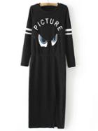 Shein Black Crew Neck Eye Embroidered Dress