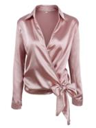 Shein Satin Knotted Hem Surplice Blouse