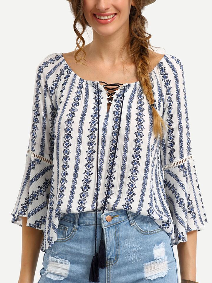 Shein Tribal Print Tassel-tie Neck Bell Sleeve Blouse