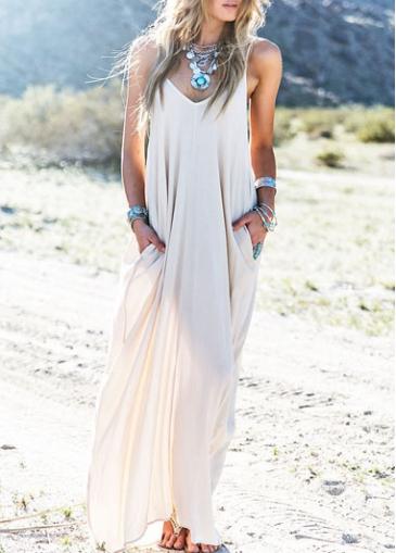 Rosewe Pocket Design White Spaghetti Strap Maxi Dress