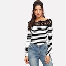 Shein Lace Appliques Striped Tee