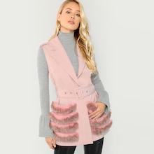 Shein Faux Fur Detail Self Belted Vest Coat