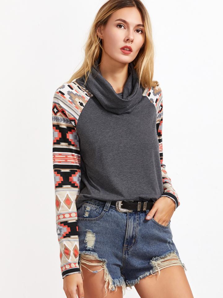 Shein Heather Grey Cowl Neck Tribal Print Raglan Sleeve T-shirt
