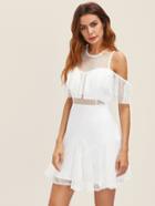 Shein Frill Open Shoulder Dot Mesh Overlay Godet Dress