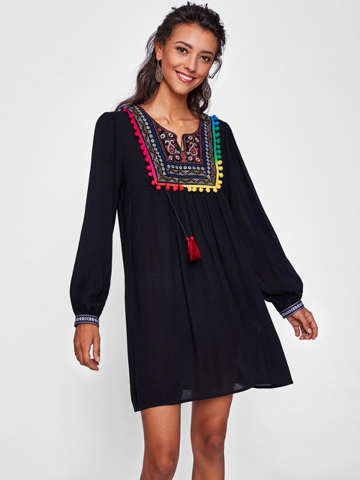 Shein Pom Pom Trim Tribal Embroidery Yoke Tasseled Swing Dress